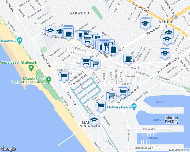 map of restaurants, bars, coffee shops, grocery stores, and more near 2309 Ocean Avenue in Los Angeles