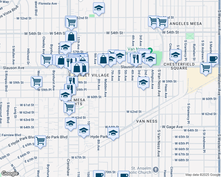 map of restaurants, bars, coffee shops, grocery stores, and more near 5901 7th Avenue in Los Angeles