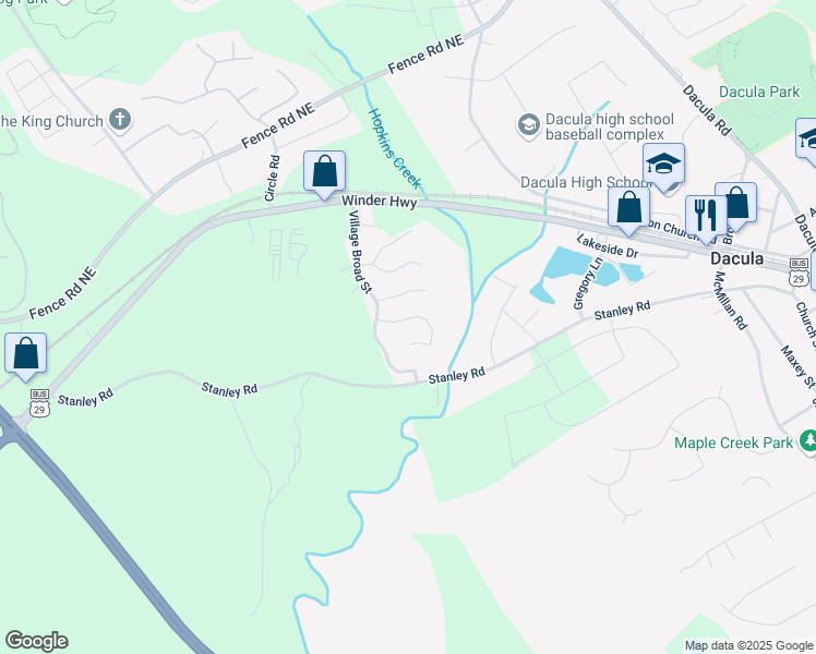 map of restaurants, bars, coffee shops, grocery stores, and more near 2155 Villa Spring Court in Dacula
