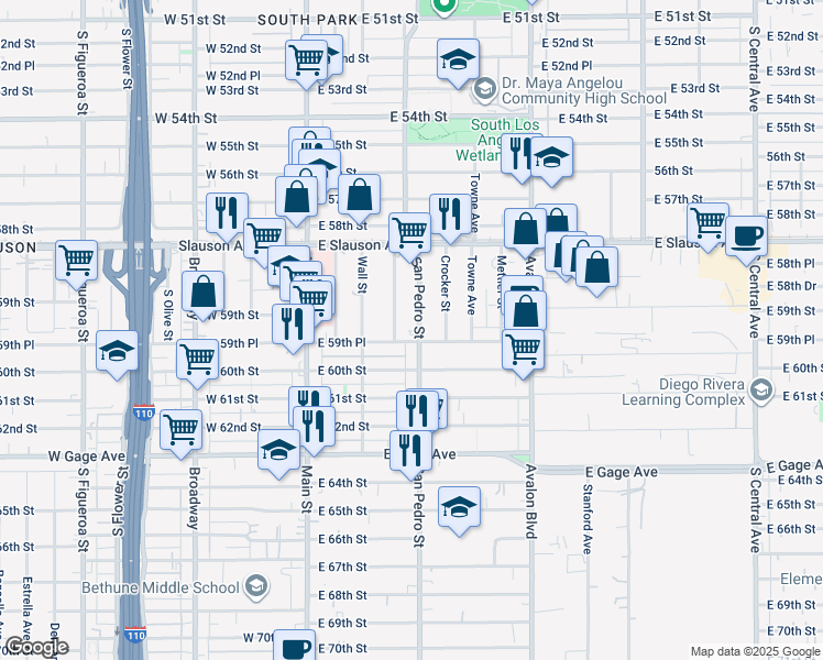 map of restaurants, bars, coffee shops, grocery stores, and more near 5939 San Pedro Street in Los Angeles