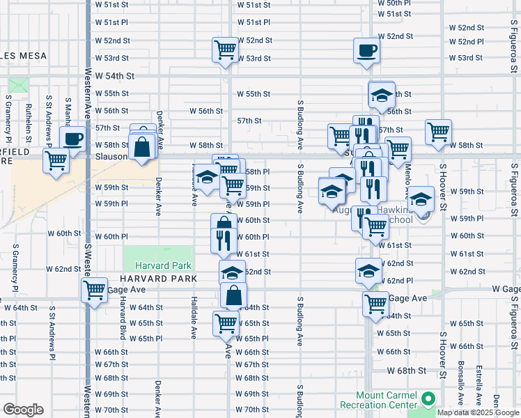 map of restaurants, bars, coffee shops, grocery stores, and more near 1306 West 59th Place in Los Angeles