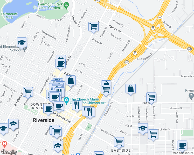 map of restaurants, bars, coffee shops, grocery stores, and more near 3150 Lime Street in Riverside