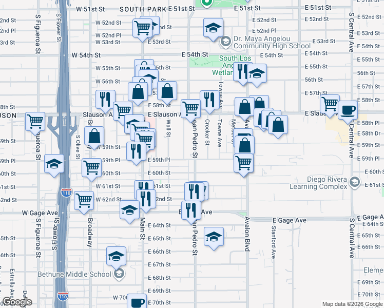 map of restaurants, bars, coffee shops, grocery stores, and more near 5939 South San Pedro Street in Los Angeles