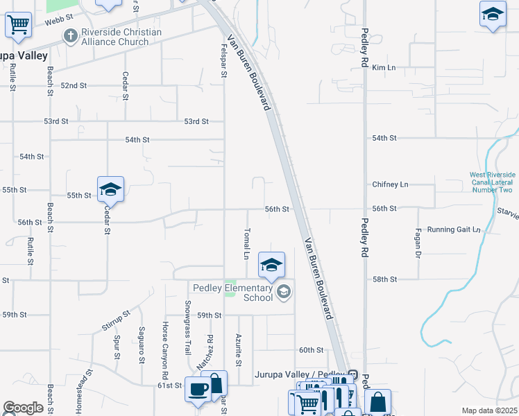 map of restaurants, bars, coffee shops, grocery stores, and more near 9105 56th Street in Riverside
