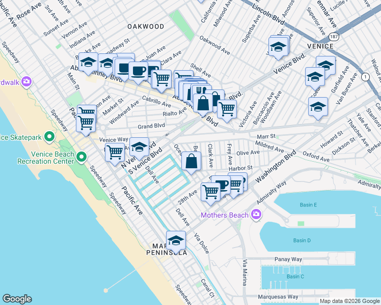 map of restaurants, bars, coffee shops, grocery stores, and more near 2341 Beach Avenue in Los Angeles