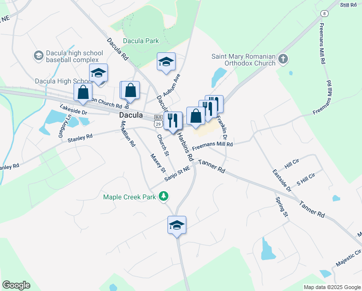 map of restaurants, bars, coffee shops, grocery stores, and more near 341 Harbins Road in Dacula