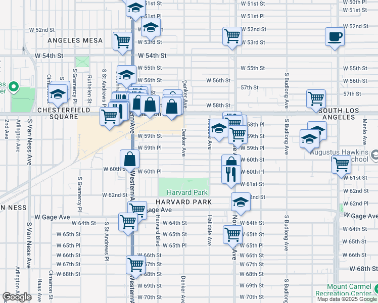 map of restaurants, bars, coffee shops, grocery stores, and more near 1531 West 59th Place in Los Angeles