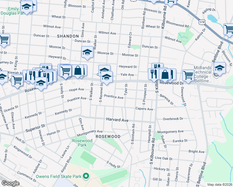 map of restaurants, bars, coffee shops, grocery stores, and more near 3407 Moss Avenue in Columbia