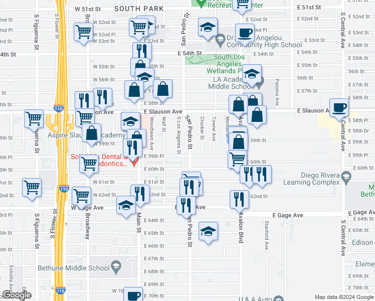 map of restaurants, bars, coffee shops, grocery stores, and more near 5939 San Pedro Street in Los Angeles