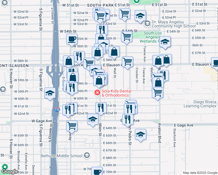 map of restaurants, bars, coffee shops, grocery stores, and more near 5932 Woodlawn Avenue in Los Angeles