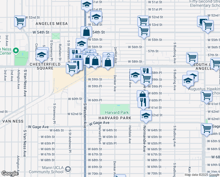 map of restaurants, bars, coffee shops, grocery stores, and more near 1620 West 59th Place in Los Angeles
