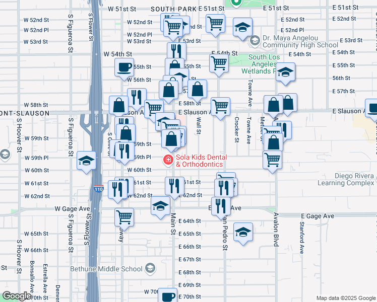 map of restaurants, bars, coffee shops, grocery stores, and more near 5932 Woodlawn Avenue in Los Angeles