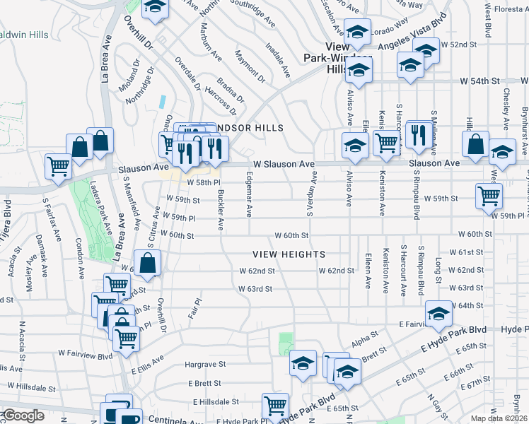 map of restaurants, bars, coffee shops, grocery stores, and more near 4231 West 59th Place in Los Angeles