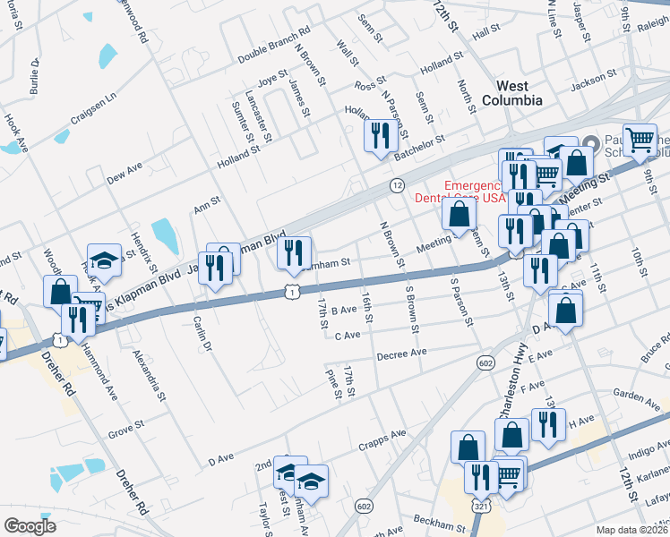 map of restaurants, bars, coffee shops, grocery stores, and more near 1619 Shull Street in West Columbia