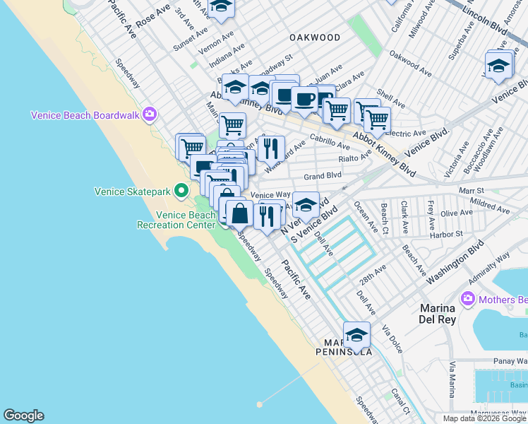 map of restaurants, bars, coffee shops, grocery stores, and more near 218 Venice Way in Los Angeles