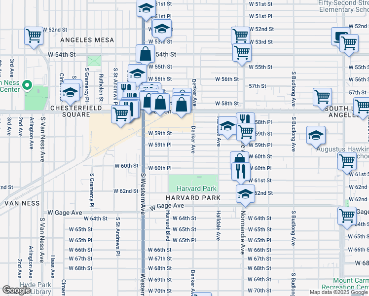 map of restaurants, bars, coffee shops, grocery stores, and more near 1620 West 59th Place in Los Angeles