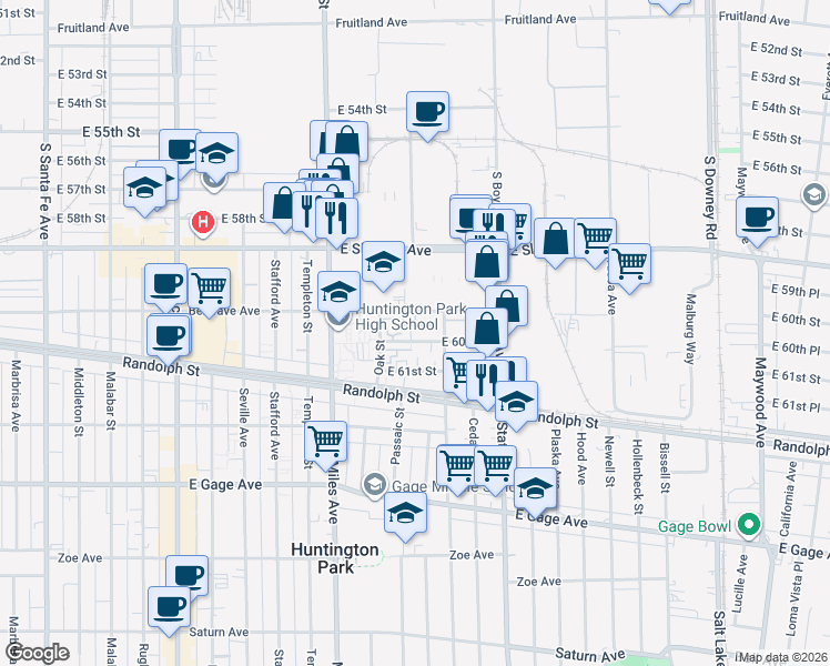 map of restaurants, bars, coffee shops, grocery stores, and more near 2928 Belgrave Avenue in Huntington Park