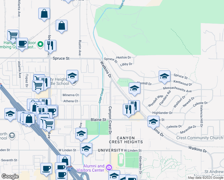 map of restaurants, bars, coffee shops, grocery stores, and more near 2891 Canyon Crest Drive in Riverside