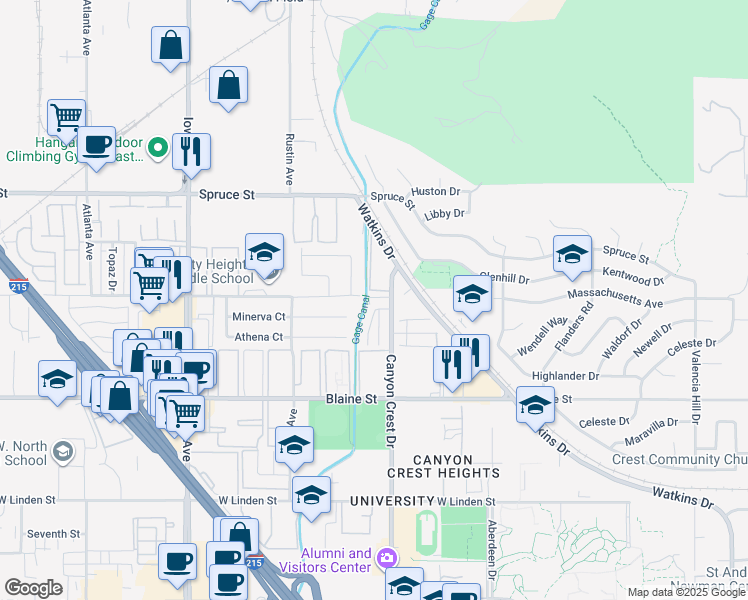 map of restaurants, bars, coffee shops, grocery stores, and more near 2891 Canyon Crest Drive in Riverside