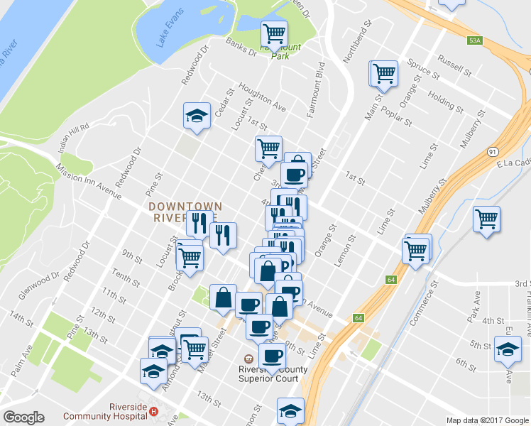 map of restaurants, bars, coffee shops, grocery stores, and more near 3944 4th Street in Riverside