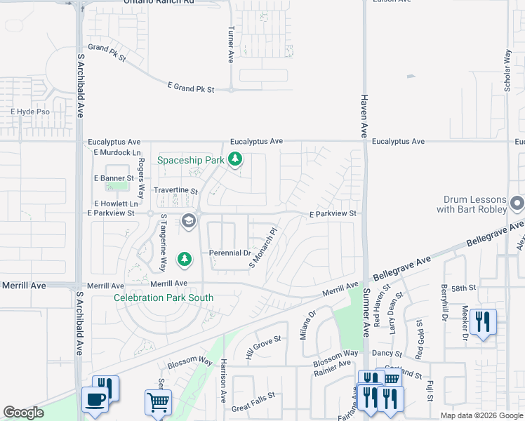 map of restaurants, bars, coffee shops, grocery stores, and more near 3285 East Lavender Drive in Ontario