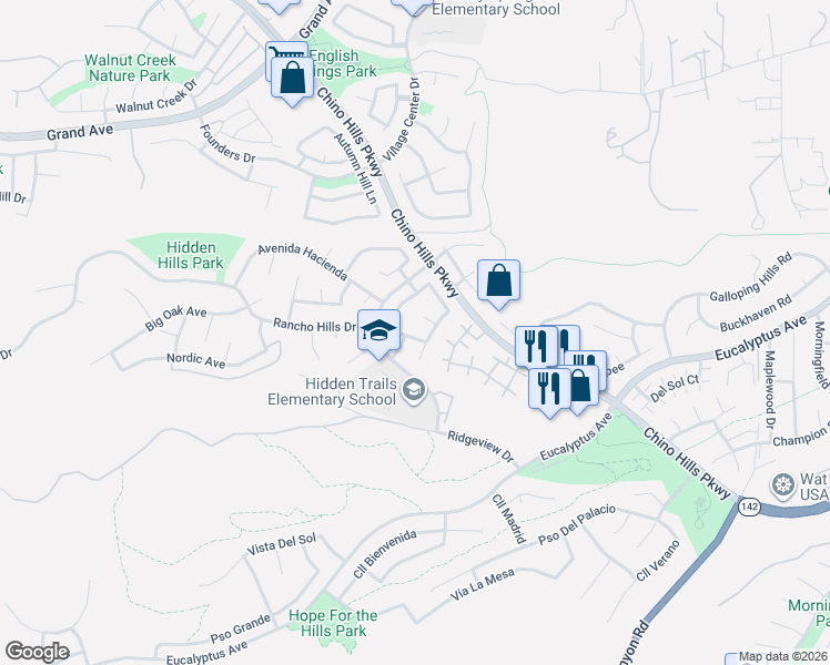 map of restaurants, bars, coffee shops, grocery stores, and more near 2352 Brown Deer Court in Chino Hills