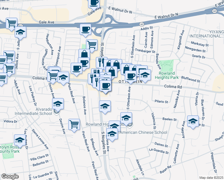 map of restaurants, bars, coffee shops, grocery stores, and more near 1724 Nogales Street in La Puente
