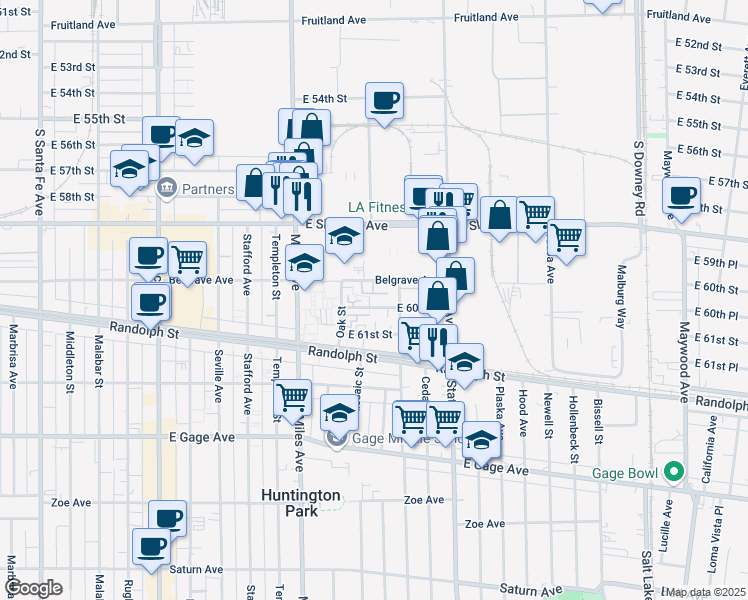 map of restaurants, bars, coffee shops, grocery stores, and more near 2928 Belgrave Avenue in Huntington Park