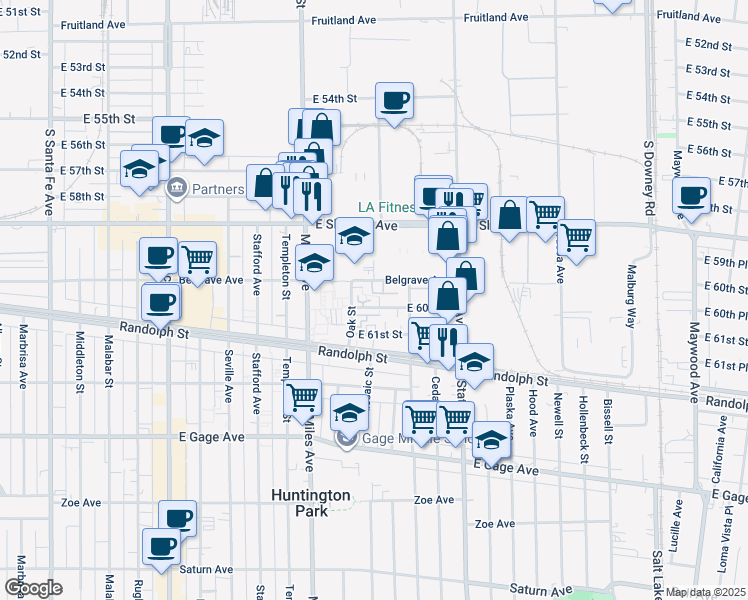 map of restaurants, bars, coffee shops, grocery stores, and more near 2928 Belgrave Avenue in Huntington Park
