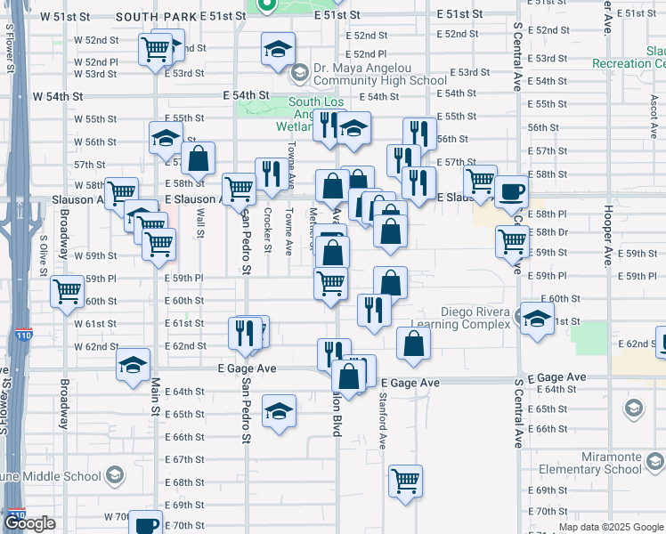 map of restaurants, bars, coffee shops, grocery stores, and more near 5914 Mettler Street in Los Angeles