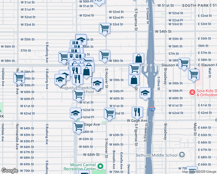 map of restaurants, bars, coffee shops, grocery stores, and more near 5910 South Hoover Street in Los Angeles