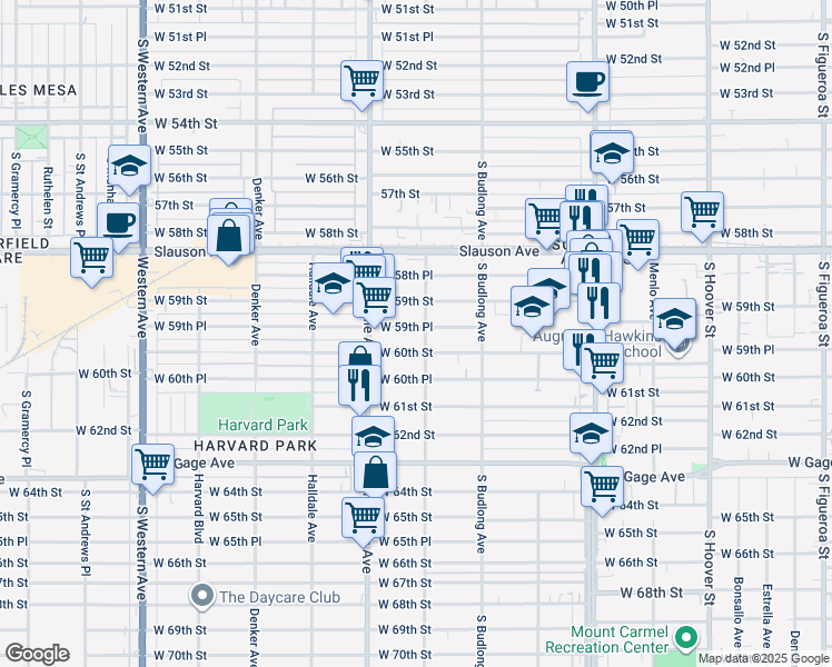 map of restaurants, bars, coffee shops, grocery stores, and more near 1327 West 59th Place in Los Angeles