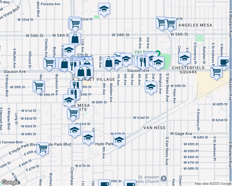 map of restaurants, bars, coffee shops, grocery stores, and more near 5901 7th Avenue in Los Angeles
