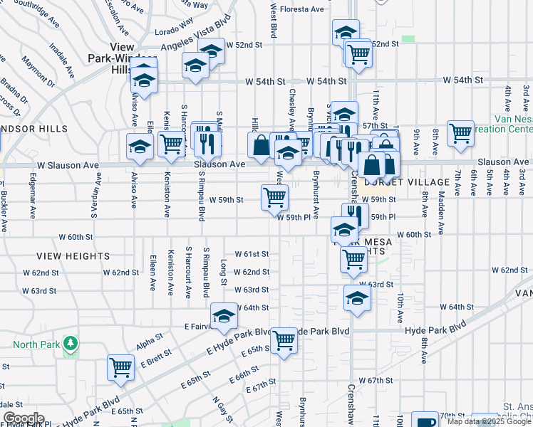 map of restaurants, bars, coffee shops, grocery stores, and more near 3634 West 59th Street in Los Angeles