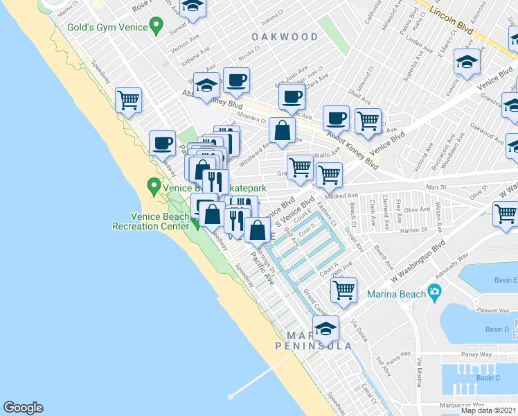 map of restaurants, bars, coffee shops, grocery stores, and more near 334 Venice Way in Los Angeles