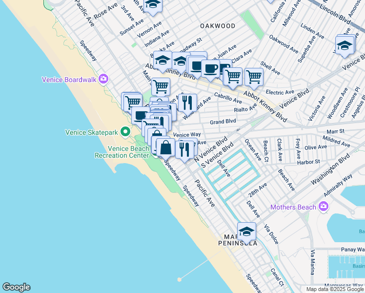 map of restaurants, bars, coffee shops, grocery stores, and more near 218 Venice Way in Los Angeles