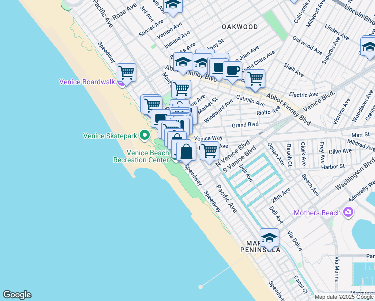 map of restaurants, bars, coffee shops, grocery stores, and more near 100 Venice Way in Los Angeles