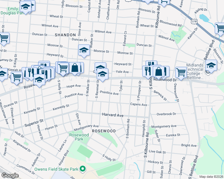map of restaurants, bars, coffee shops, grocery stores, and more near 3407 Moss Avenue in Columbia