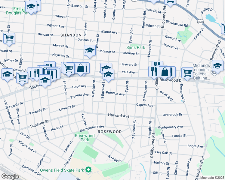 map of restaurants, bars, coffee shops, grocery stores, and more near 3300 Rosewood Drive in Columbia