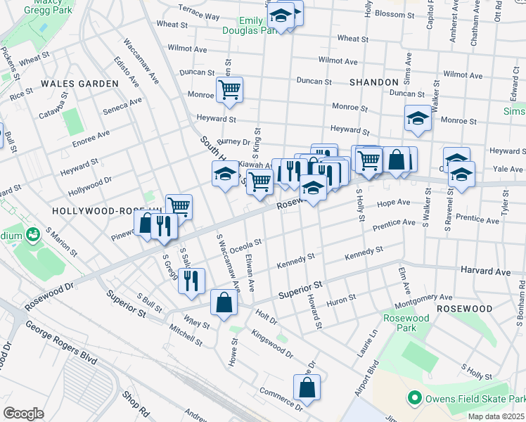 map of restaurants, bars, coffee shops, grocery stores, and more near 358 South Harden Street in Columbia