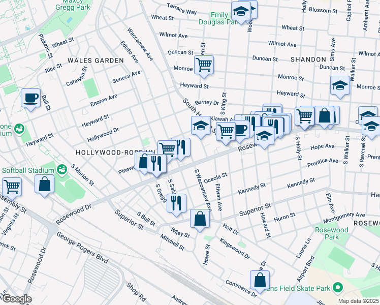 map of restaurants, bars, coffee shops, grocery stores, and more near 320 South Waccamaw Avenue in Columbia