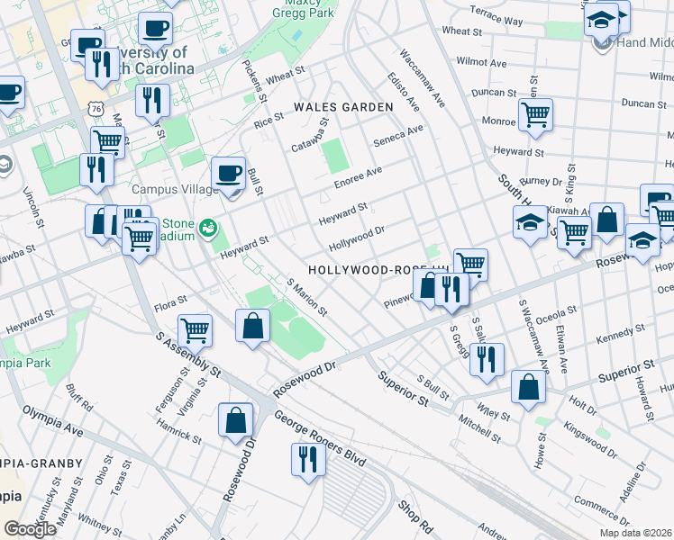 map of restaurants, bars, coffee shops, grocery stores, and more near 137 South Pickens Street in Columbia