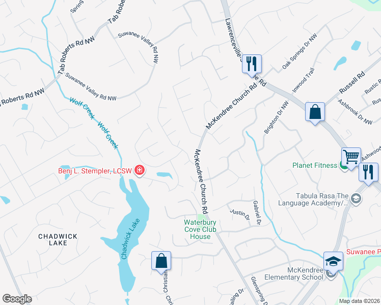 map of restaurants, bars, coffee shops, grocery stores, and more near 1685 Keswick Place Drive in Lawrenceville