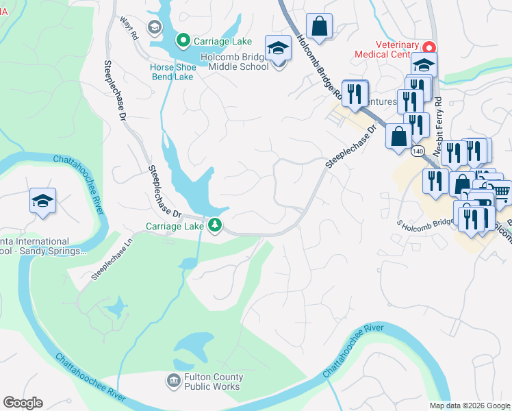 map of restaurants, bars, coffee shops, grocery stores, and more near 2725 Misty Morning Lane in Roswell