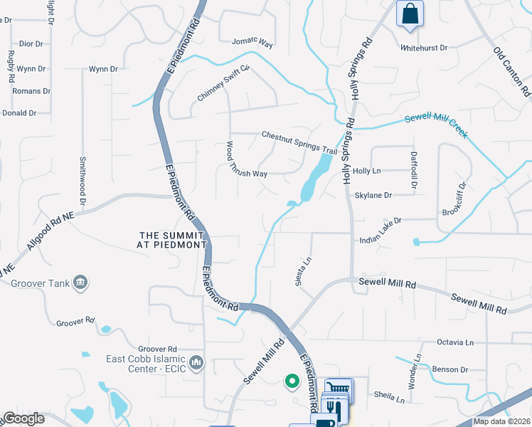 map of restaurants, bars, coffee shops, grocery stores, and more near 2390 Kinglet Court Northeast in Marietta