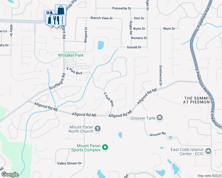 map of restaurants, bars, coffee shops, grocery stores, and more near 1444 Merrifield Lane in Marietta