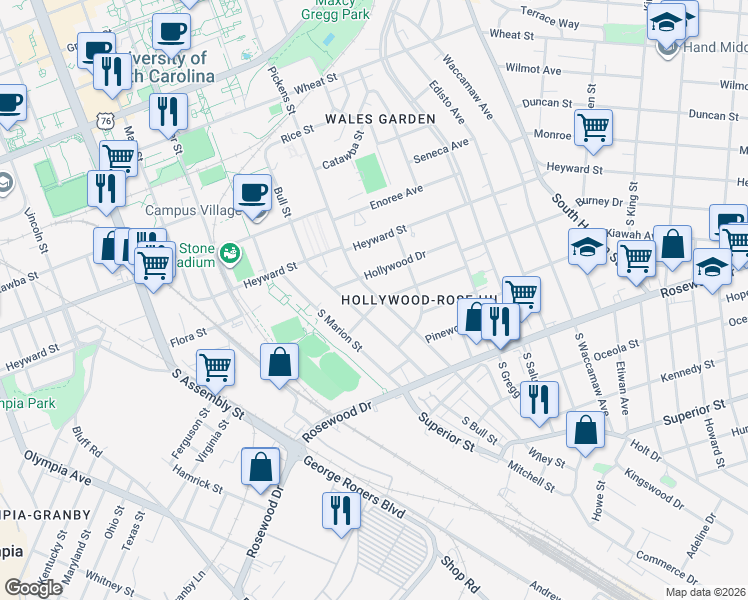 map of restaurants, bars, coffee shops, grocery stores, and more near 137 South Pickens Street in Columbia
