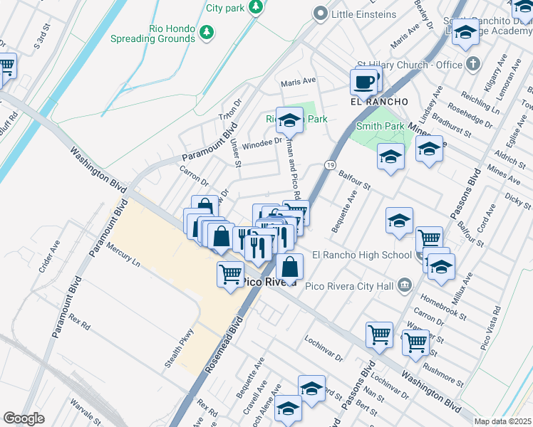 map of restaurants, bars, coffee shops, grocery stores, and more near Guild Drive in Pico Rivera