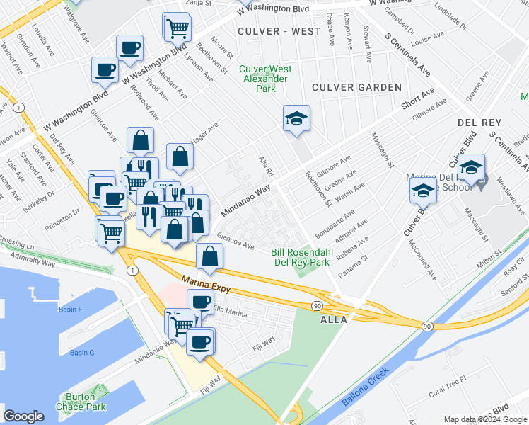 map of restaurants, bars, coffee shops, grocery stores, and more near 13044 Mindanao Way in Marina del Rey