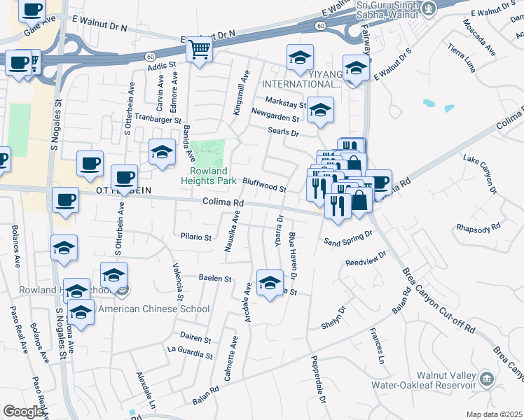map of restaurants, bars, coffee shops, grocery stores, and more near 1703 Hollandale Avenue in Rowland Heights